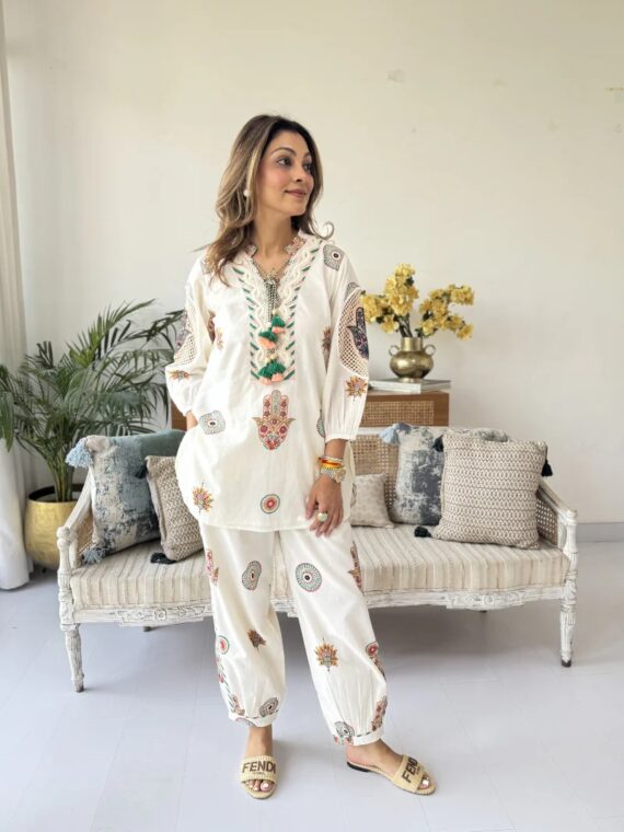 Meghna Nayyar in Ivory Peach and Green Hamza Print Co-Ord Set