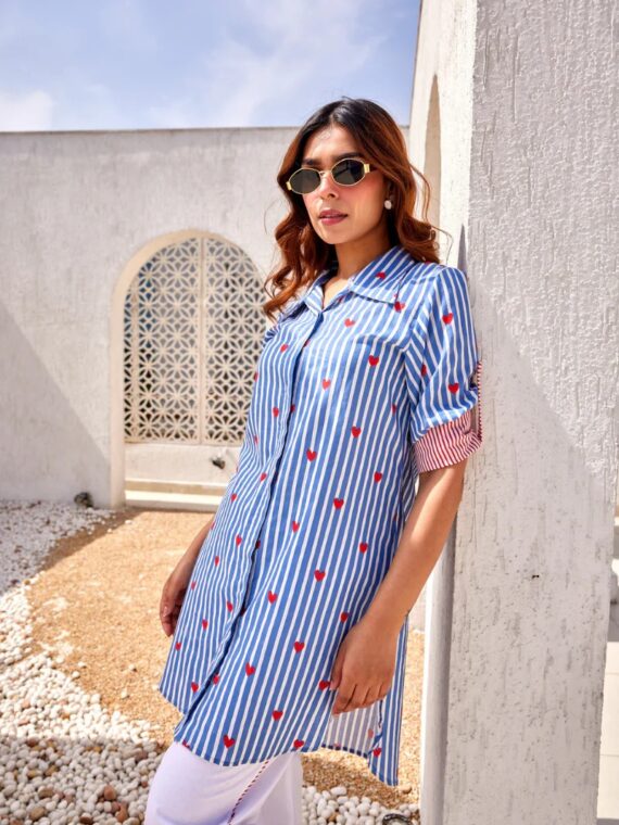 Blue Stripes And Heart Digital Print Peony Co-Ord Set