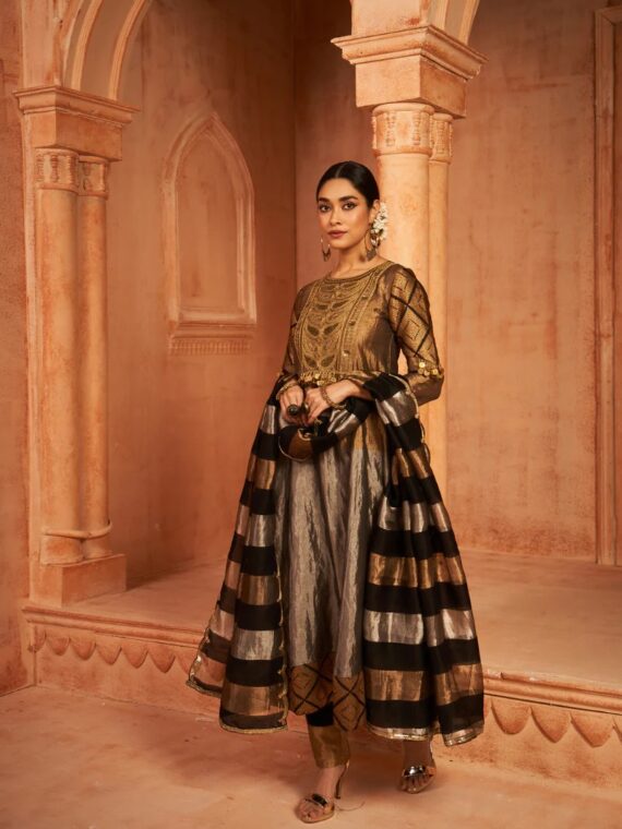 Gold Yoke Tissue Metallic Kainaat Anarkali Set