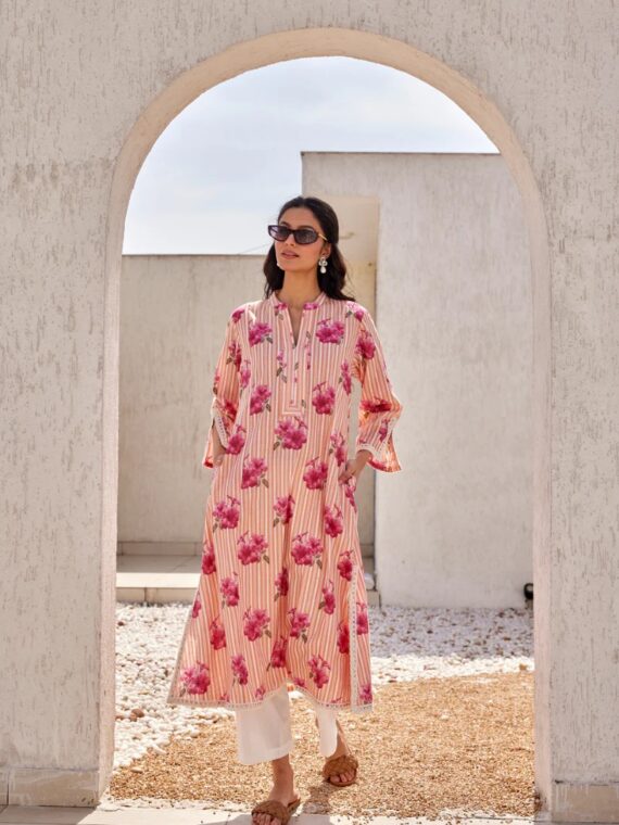 Peach Stripes And Floral Digital Print Peony Kurta Set