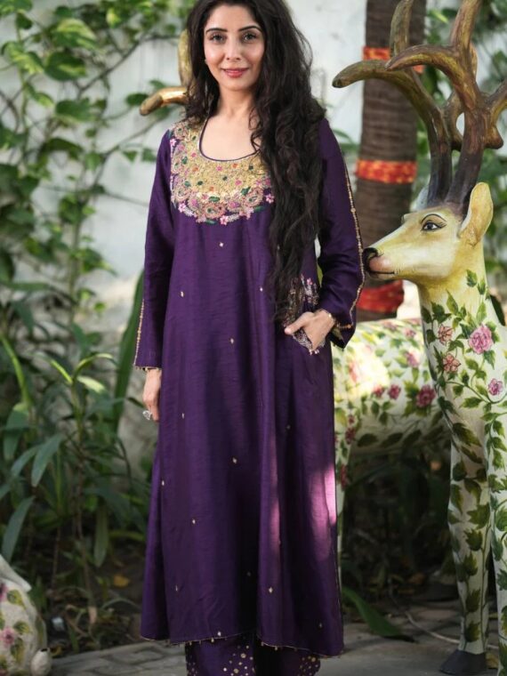 Purple Zardozi Paisley Matka Neck Adhira Kurta Set