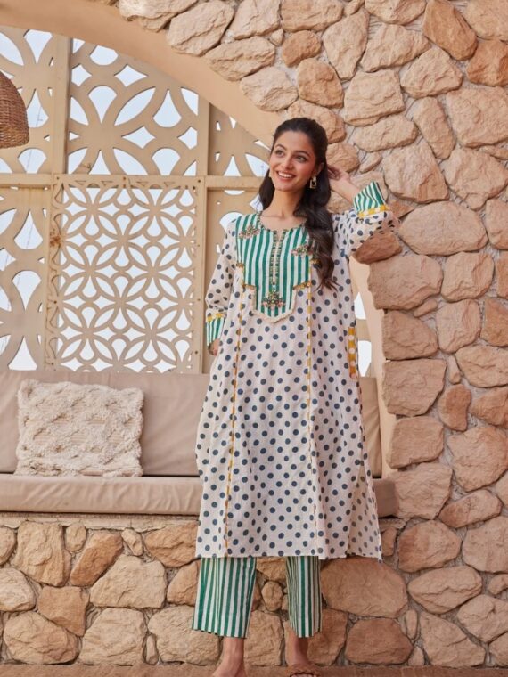 White Polka and Stripes Tarini Kurta Set