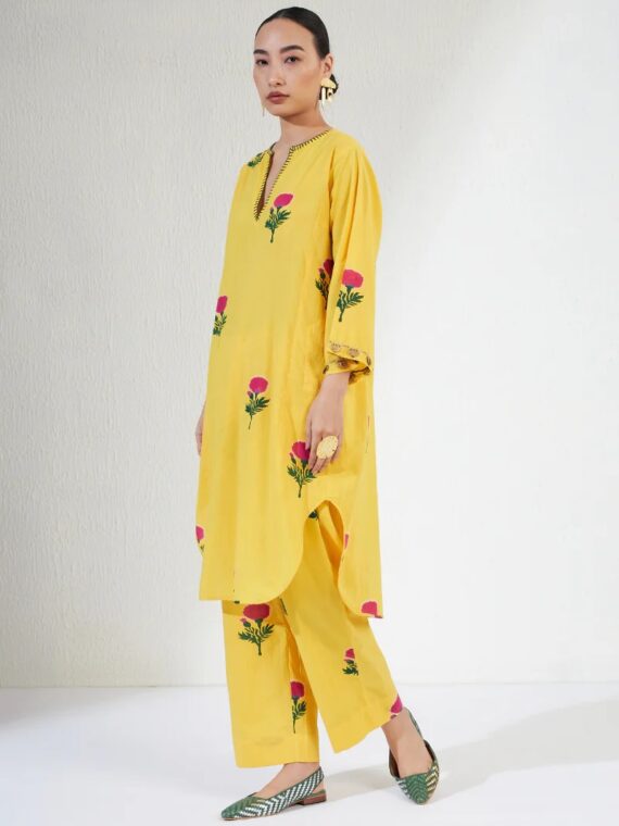 Yellow Hand Block Print Gulnaar Olivia Kurta Set