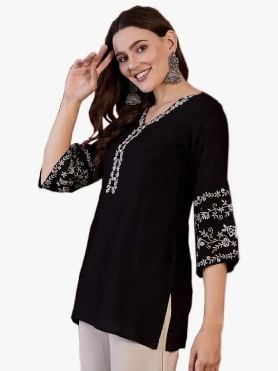 Black Embroidered V-Neck Kurti